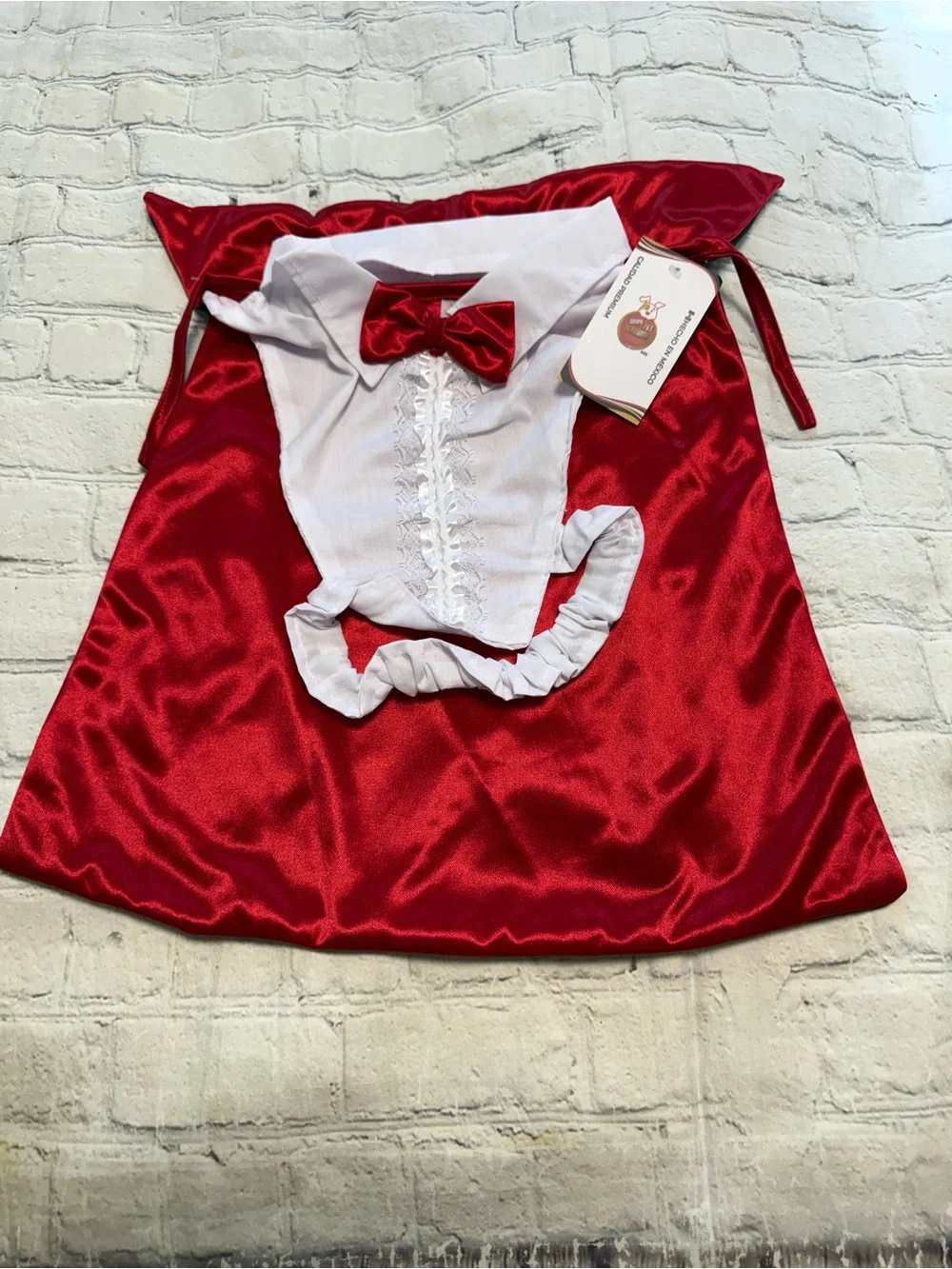 Pet Warrior Red Satin Cape and White Shirtfront Pet Vampire Costume with Bow. Ha